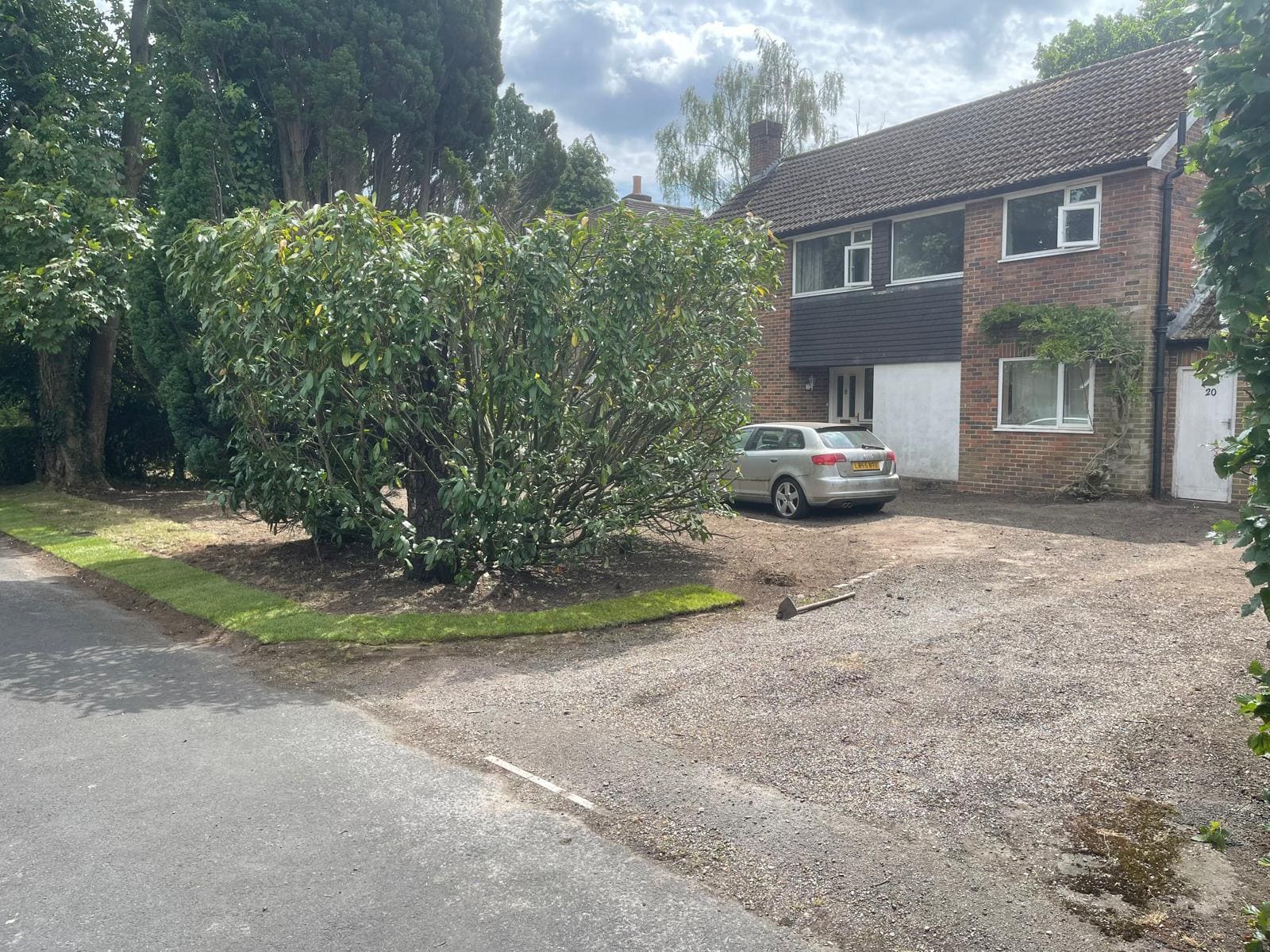 Neglected lawn area with scattered debris before cleanup.
